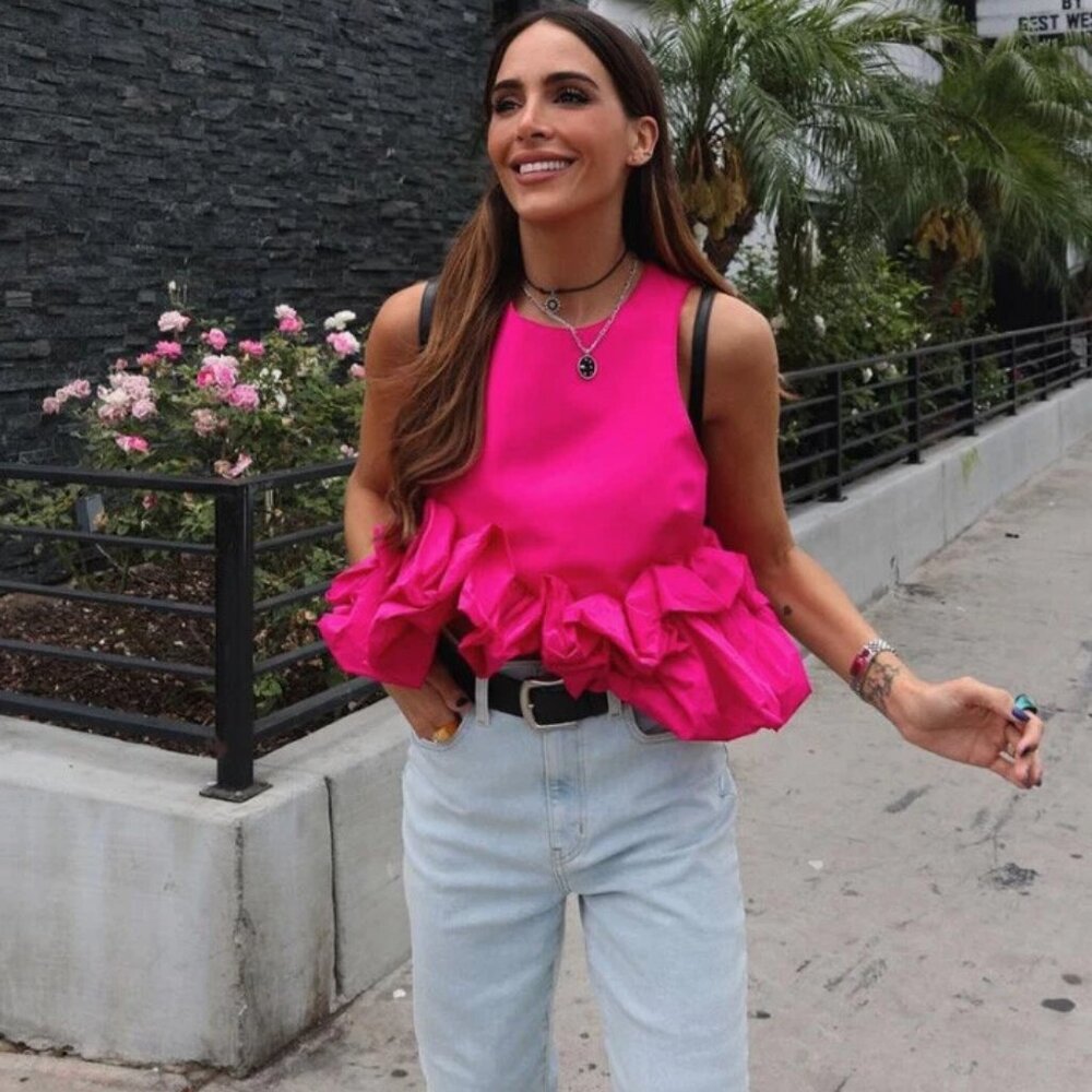 Womens Blouse designer PINK VOLUMINOUS RUFFLE TOP BLOUSE SIZE Lg zip closure